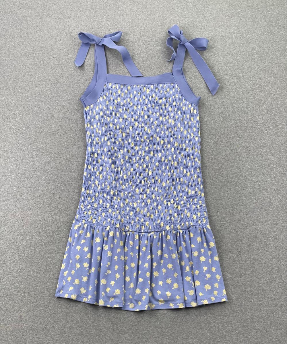 French Connection Doria Tiered Floral Mini Dress M Blue Ruched Coquette Cottage